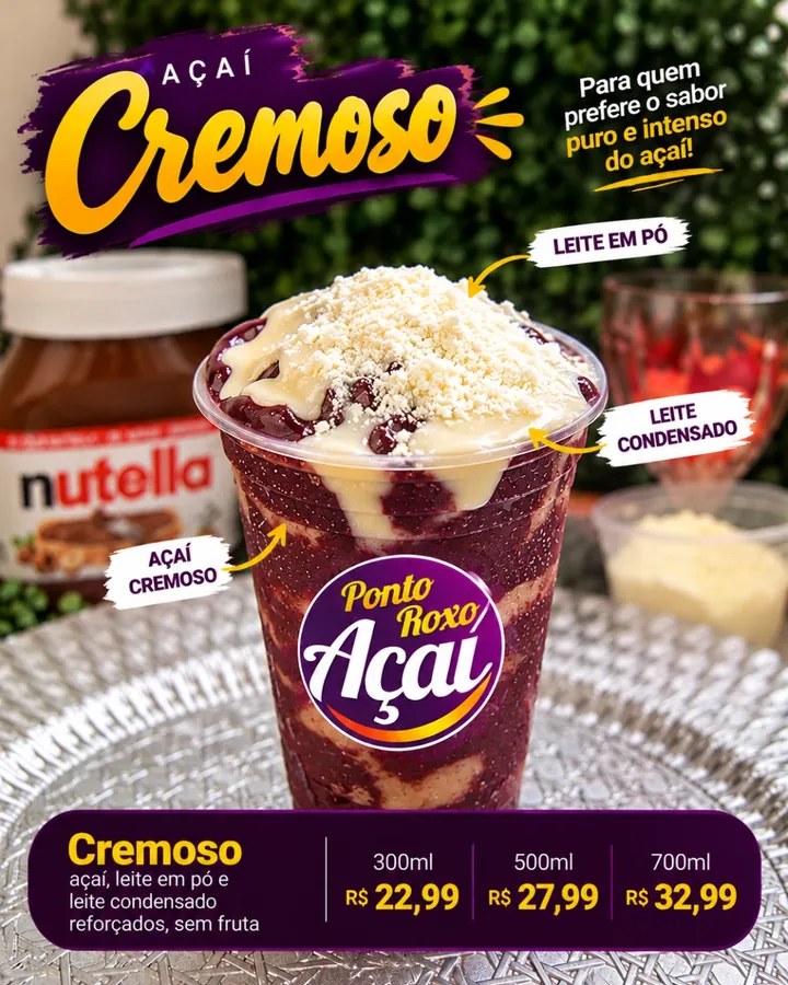 Açaí Cremoso com leite em pó e leite condensado reforçados, sem fruta