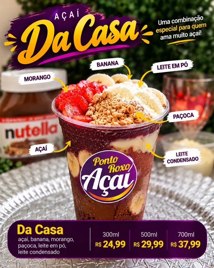 Açaí Da Casa com banana, morango, paçoca, leite em pó e leite condensado