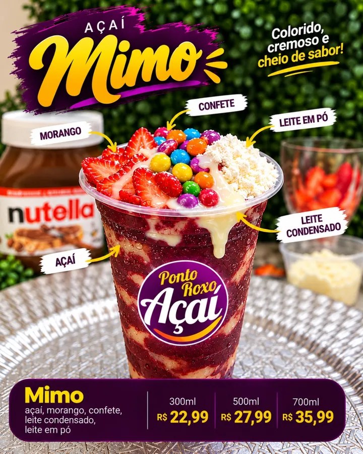 Açaí Mimo com morango, leite condensado e leite em pó