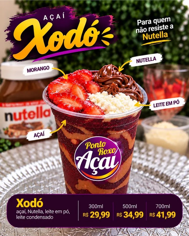 Açaí Xodó com morango, Nutella, leite em pó e leite condensado